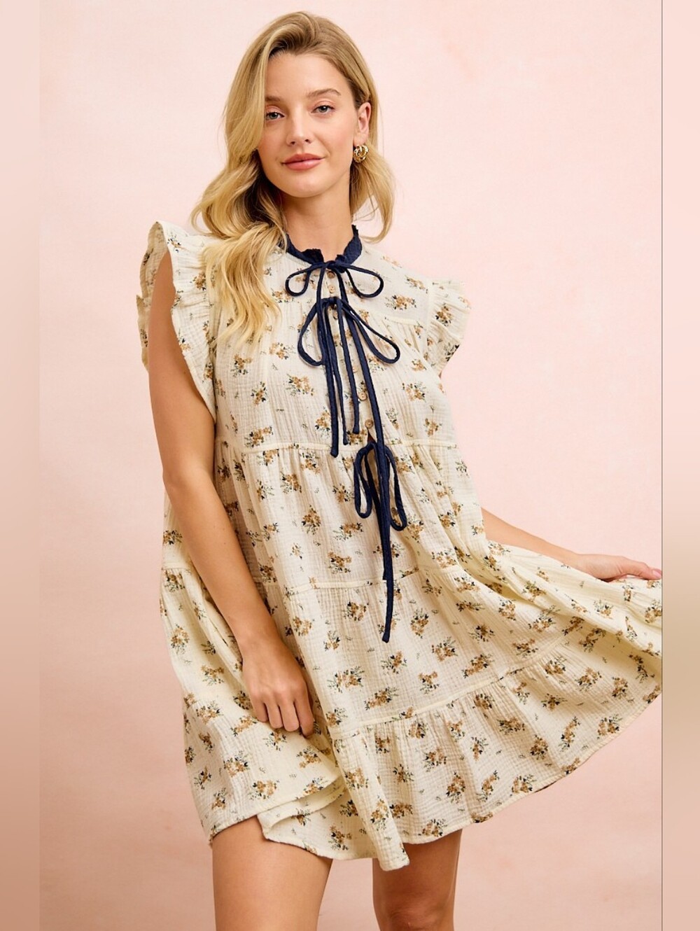BiBi Floral Multi-tierd Dress With Ruffles And Front Tie- Cream Navy - Picture 9 of 13